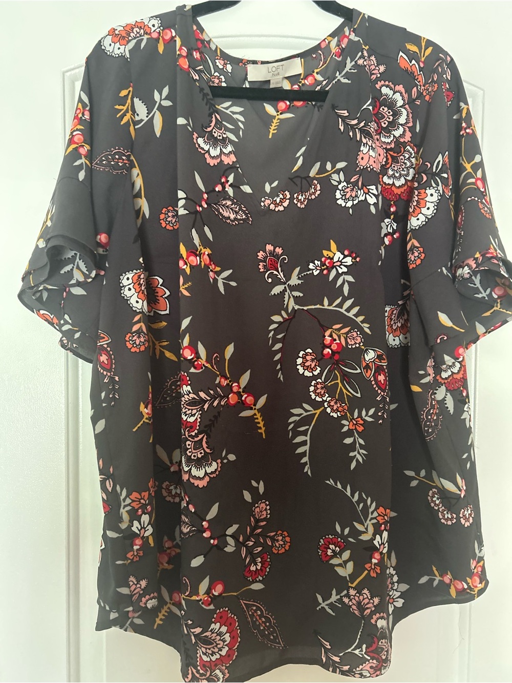 LOFT Black Floral Short-Sleeve Blouse with Red and Cream Details